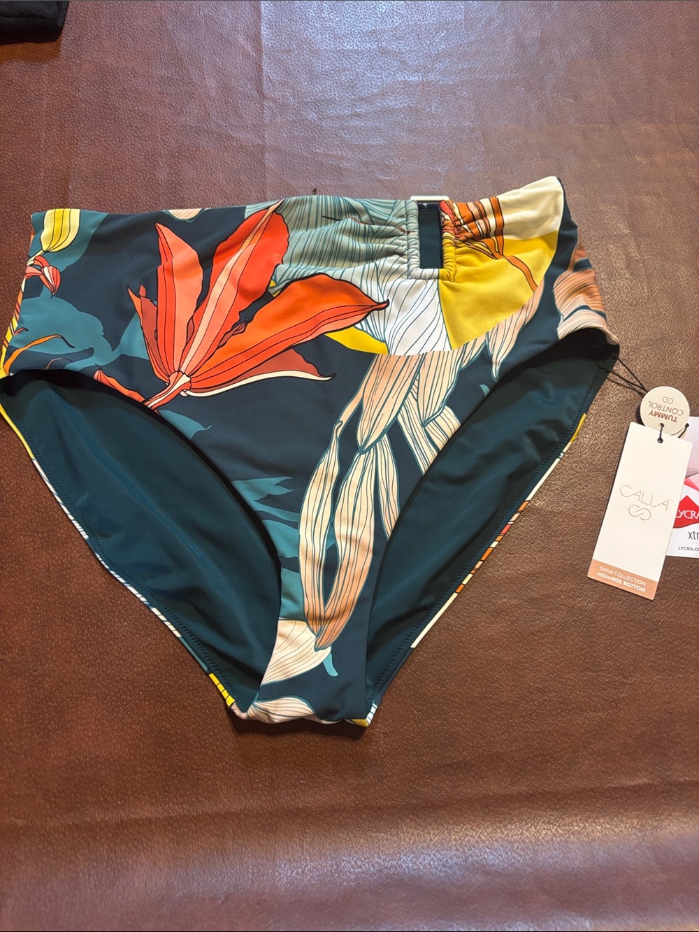 Deep Teal Floral High-Waist Swim Bottom